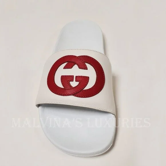 GUCCI SHOES WHITE LEATHER SLIDES INTERLOCKING G LOGO FLIP FLOPS sz IT 39 US 9